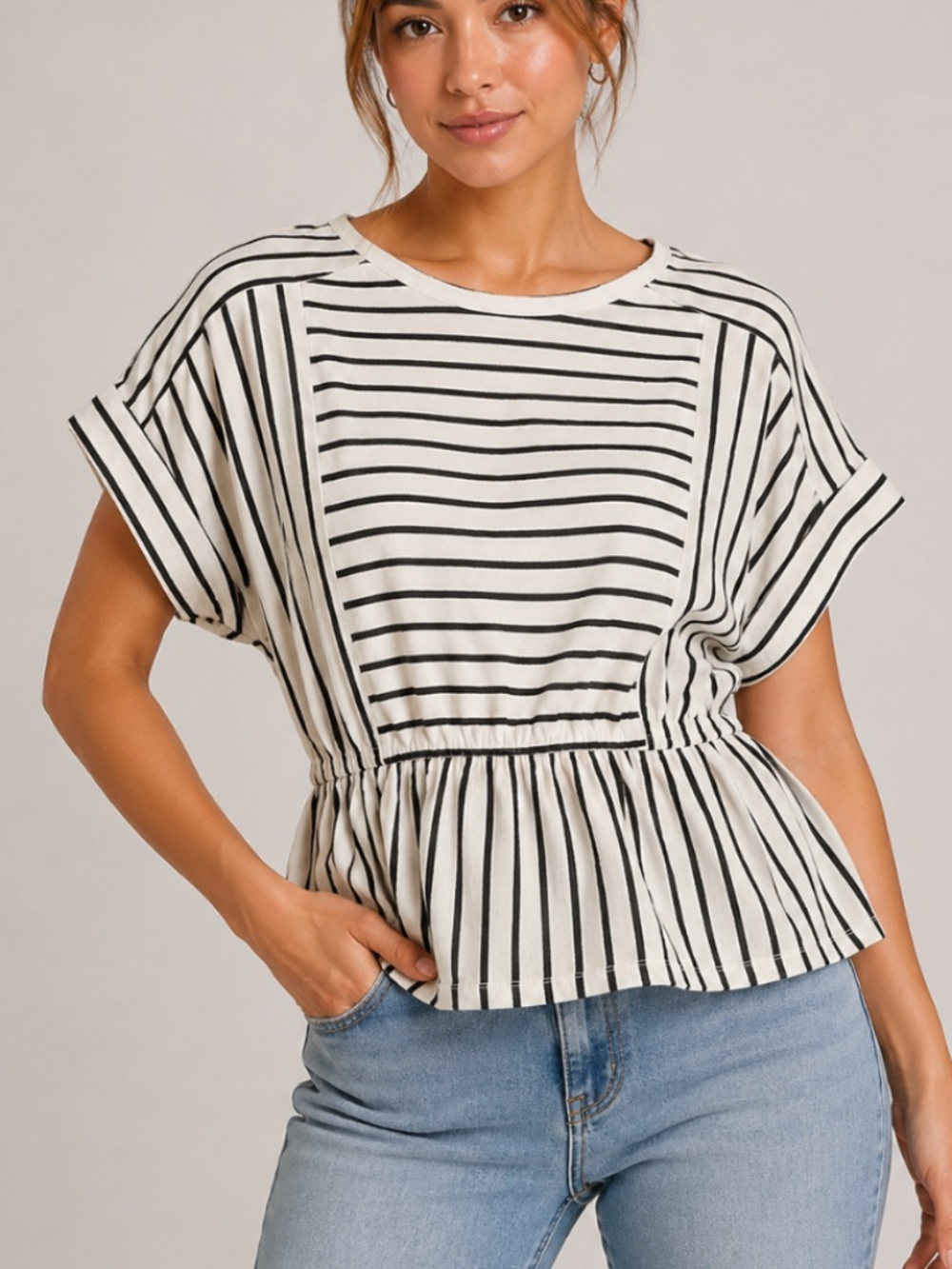 Melloday Women’s Black & White Striped Peplum Blouse, size small